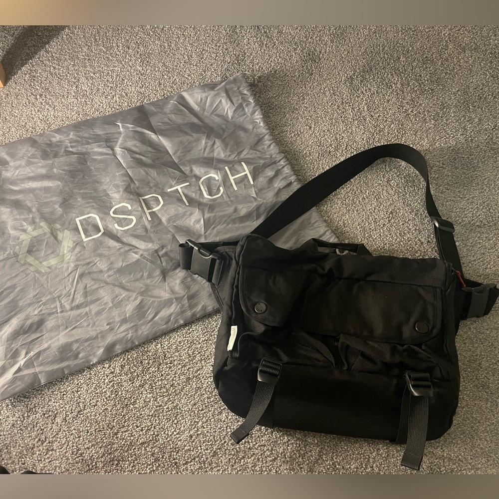 DSPTCH Black Laptop Bag with Flap-Over Design,Shoulder Strap and dust bag